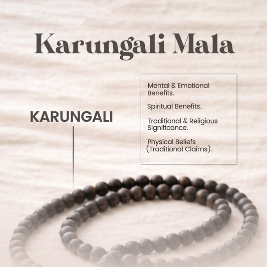 Karungali Mala crafted from ebony wood beads, known for protective energy and used in meditation and prayers.
