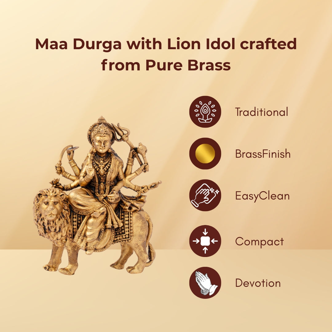 Maa Durga With Lion Idol Crafted From Pure Brass