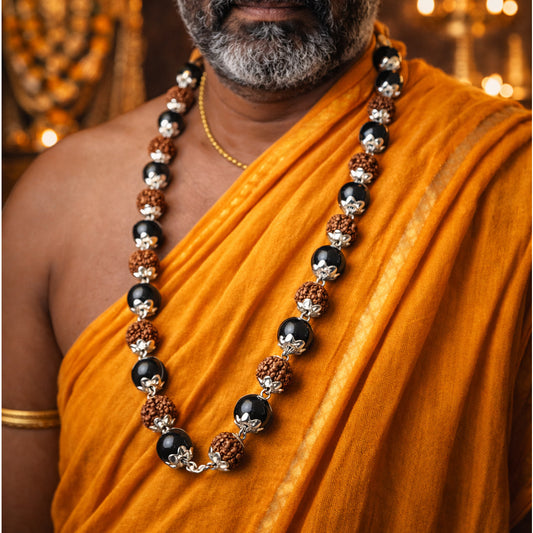 Silver Capped Karungali & Rudraksha 54 Beads Mala