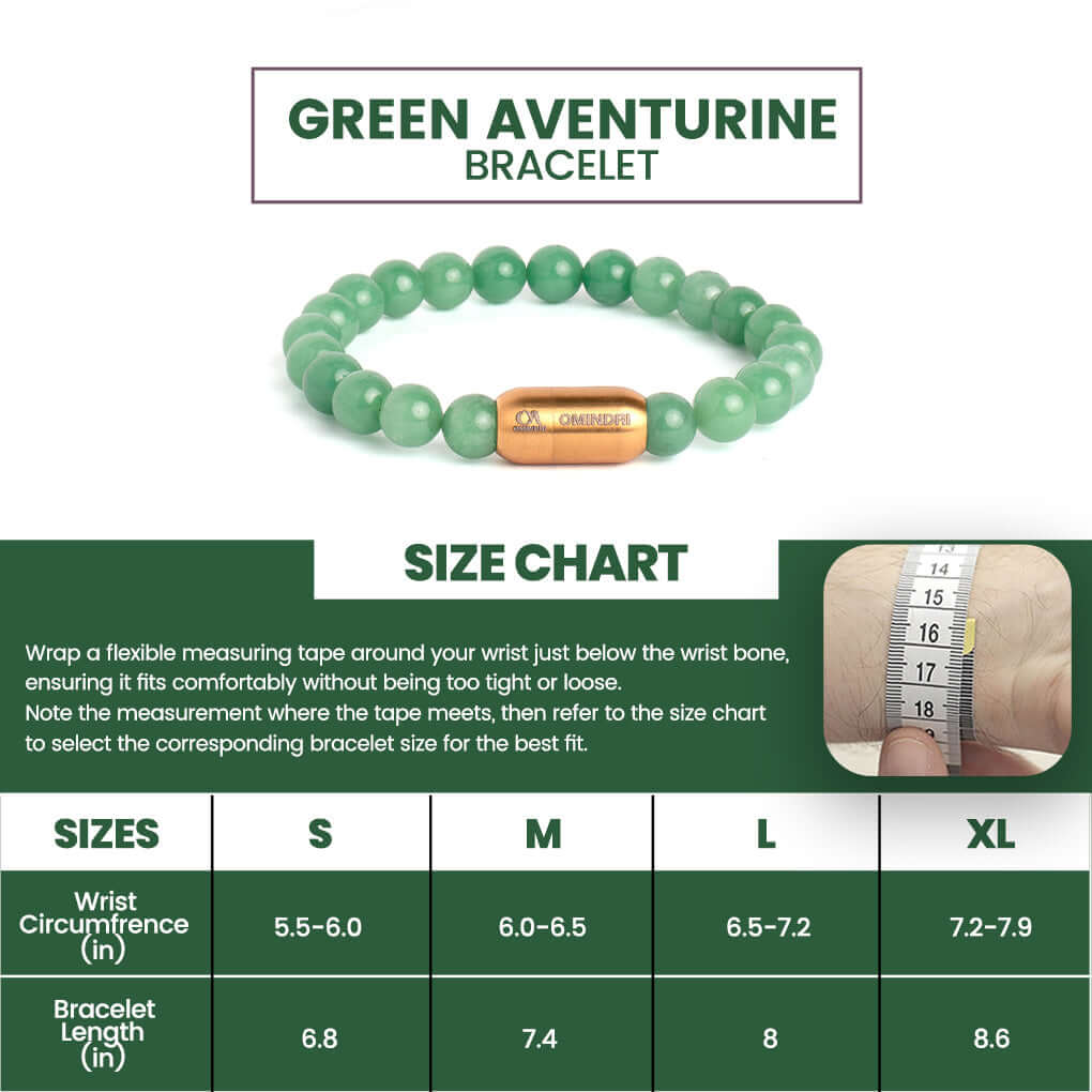 Magnet Green Aventurine Bracelet size chart showing wrist circumference and bracelet length specifications.