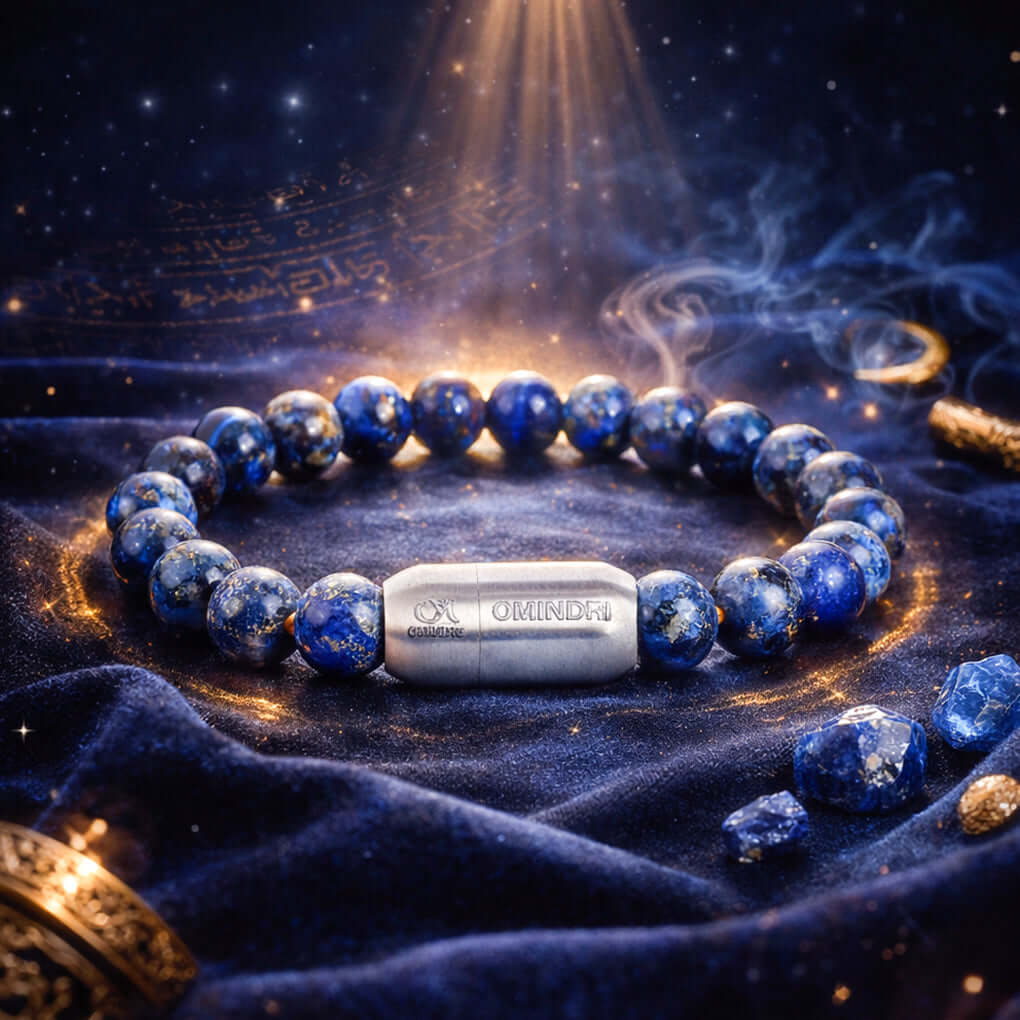 Magnet Lapis Lazuli Bracelet on a luxurious velvet backdrop, showcasing its deep blue stones and magnetic elements.