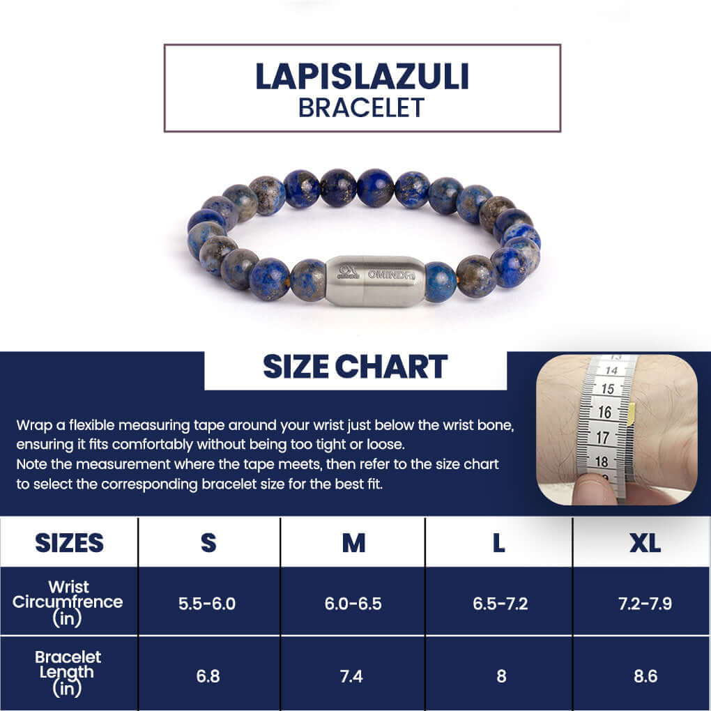 Magnet Lapis Lazuli Bracelet size chart with measurements and wrist circumference details.