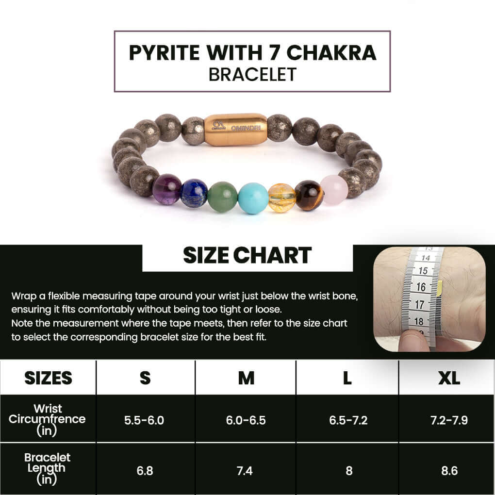 Magnet 7 Chakra With Pyrite Bracelet size chart detailing measurements and features.