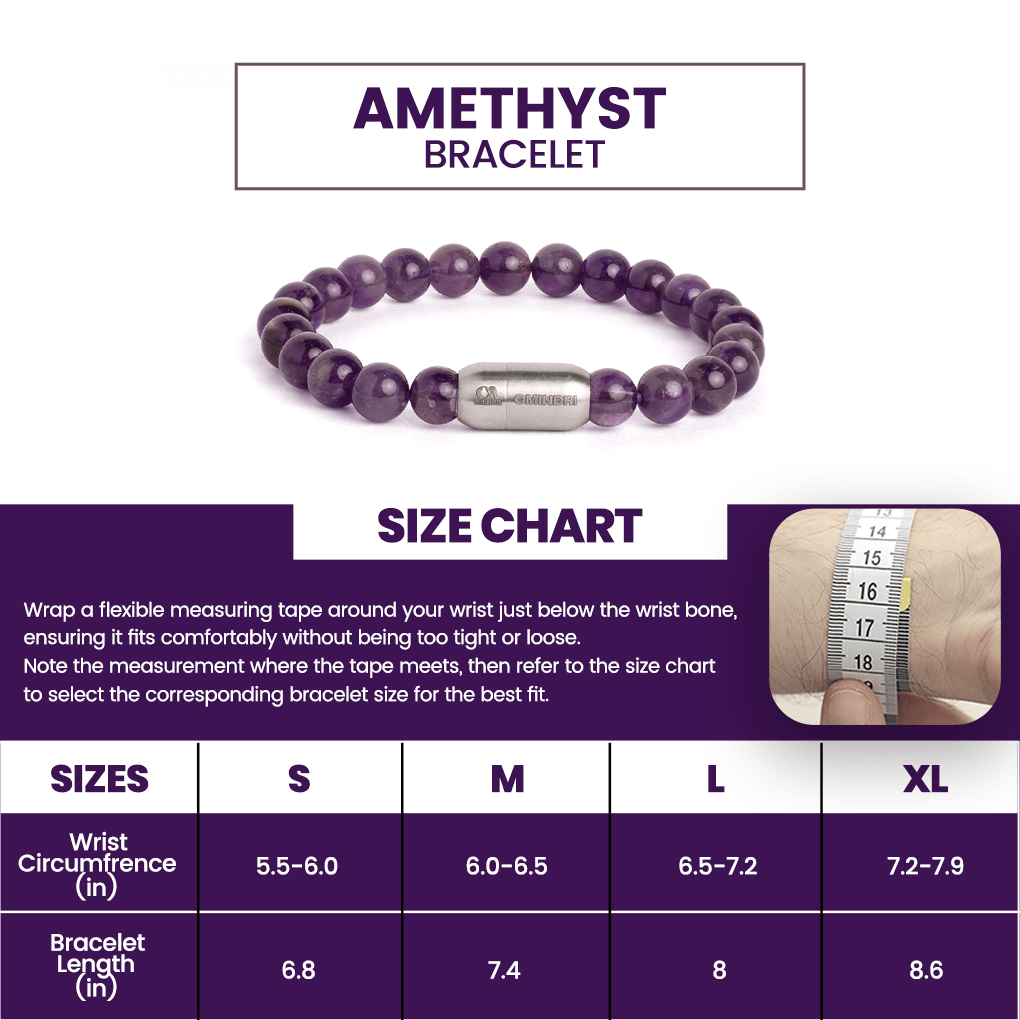 Magnet Amethyst Bracelet size chart showing options for wrist circumference and bracelet length.