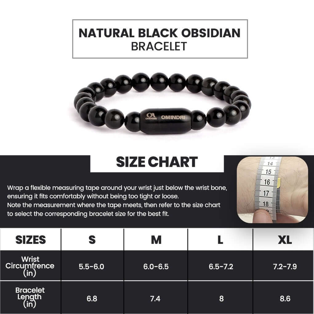 Magnet Black Obsidian Bracelet size chart with wrist measurements and bracelet lengths.