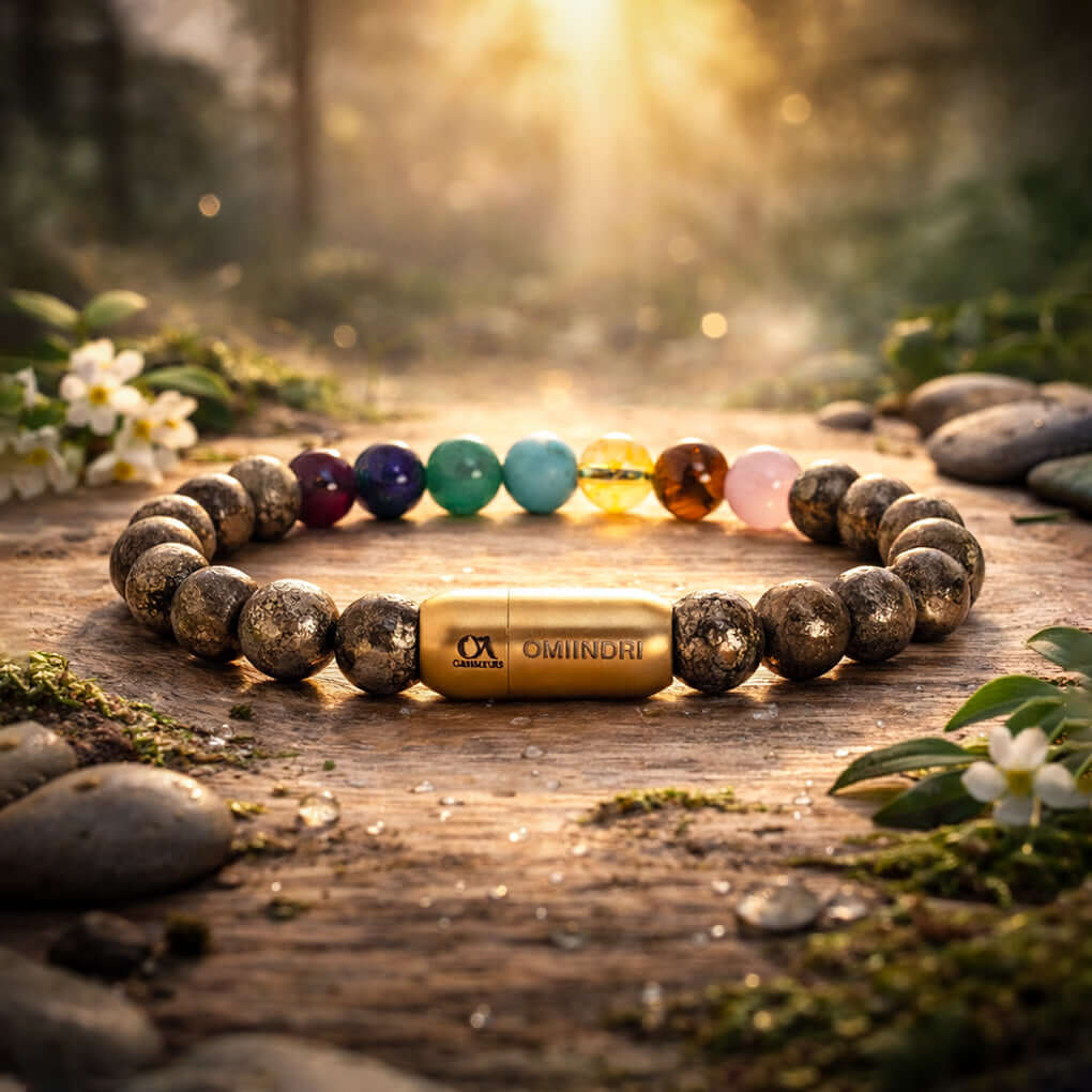Magnet 7 Chakra With Pyrite Bracelet showcasing vibrant chakra stones and Pyrite in a natural setting.