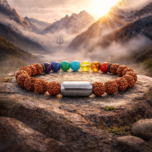 7 chakra rudraksha bracelet displayed on a rocky surface with mountains and sunset in the background.