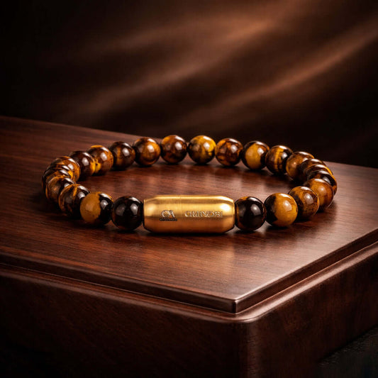 magnetic tiger eye bracelet displayed on a wooden surface showcasing its premium gemstones and magnetic elements.
