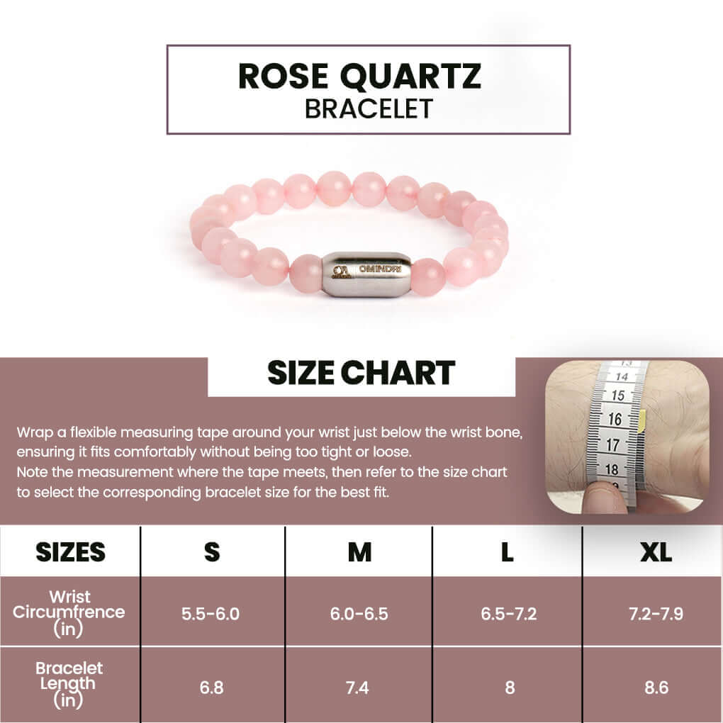 Magnet Rose Quartz Bracelet size chart showing measurements for different wrist sizes and lengths.