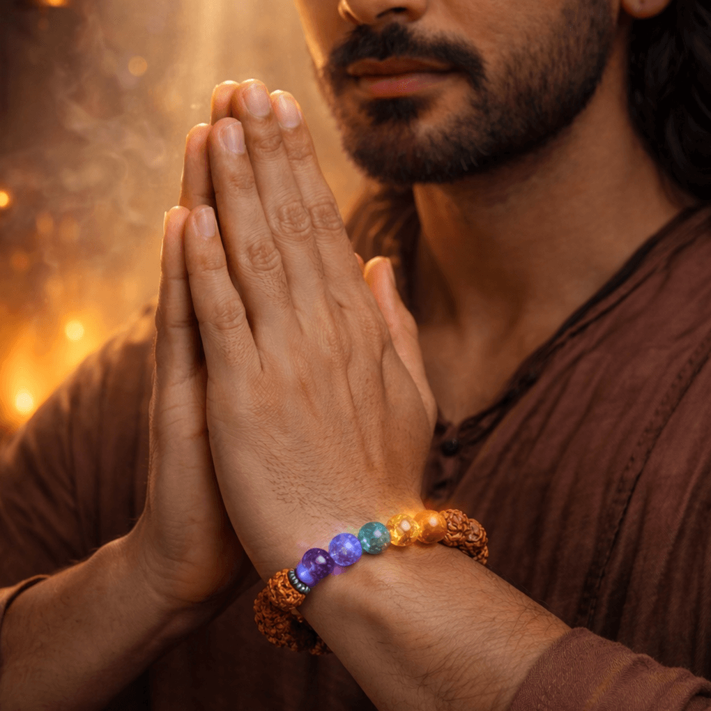 Man with hands in prayer wearing a 7 chakra rudraksha bracelet, showcasing spiritual harmony and wellness.