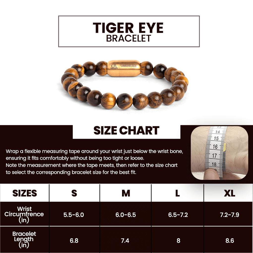 magnetic tiger eye bracelet size chart showing wrist circumference and bracelet length options