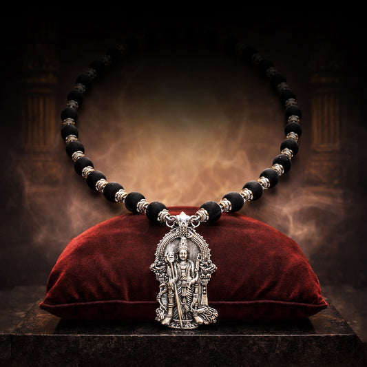 Silver Plated Karungali Mala With Lord Murugan Pendant