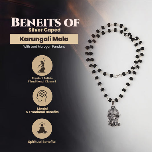 Silver Plated Karungali Mala With Lord Murugan Pendant